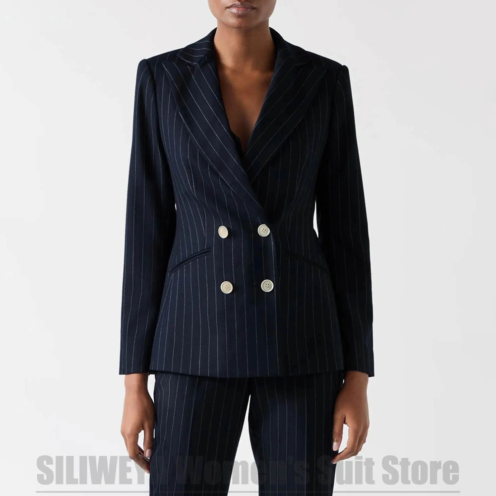 Women Formal Wear For Meeting - Setelan Jas Wanita Biru Dongker Bergaris,