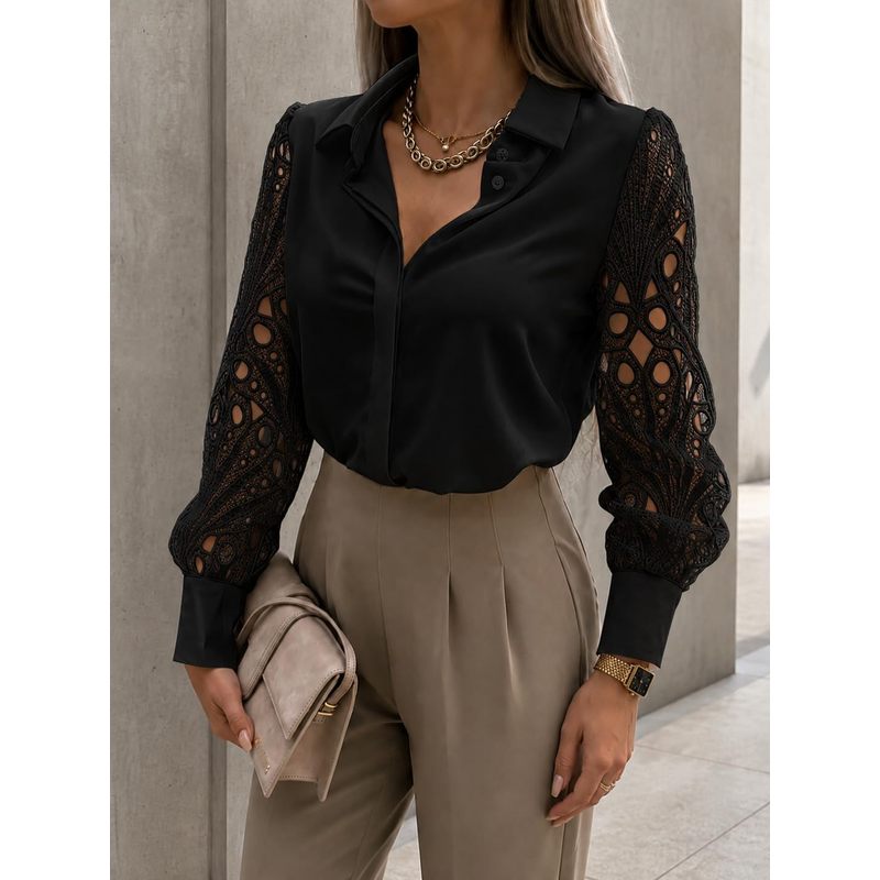 Women Formal Wear For Meeting - Blus Satin Wanita Kancing Depan, Kemeja